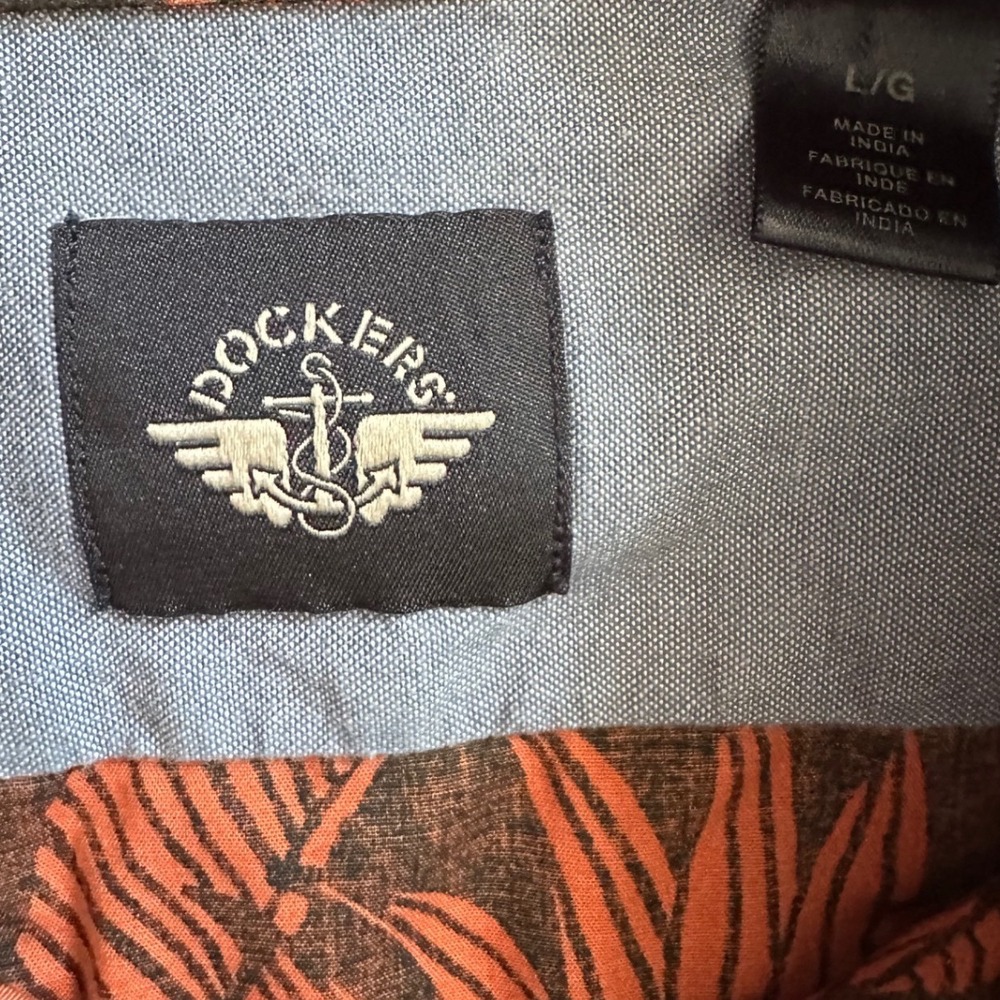 Dockers Mens Short Sleeve Button Down Tropical Palm Floral Shirt Orange Beach L - Picture 4 of 6